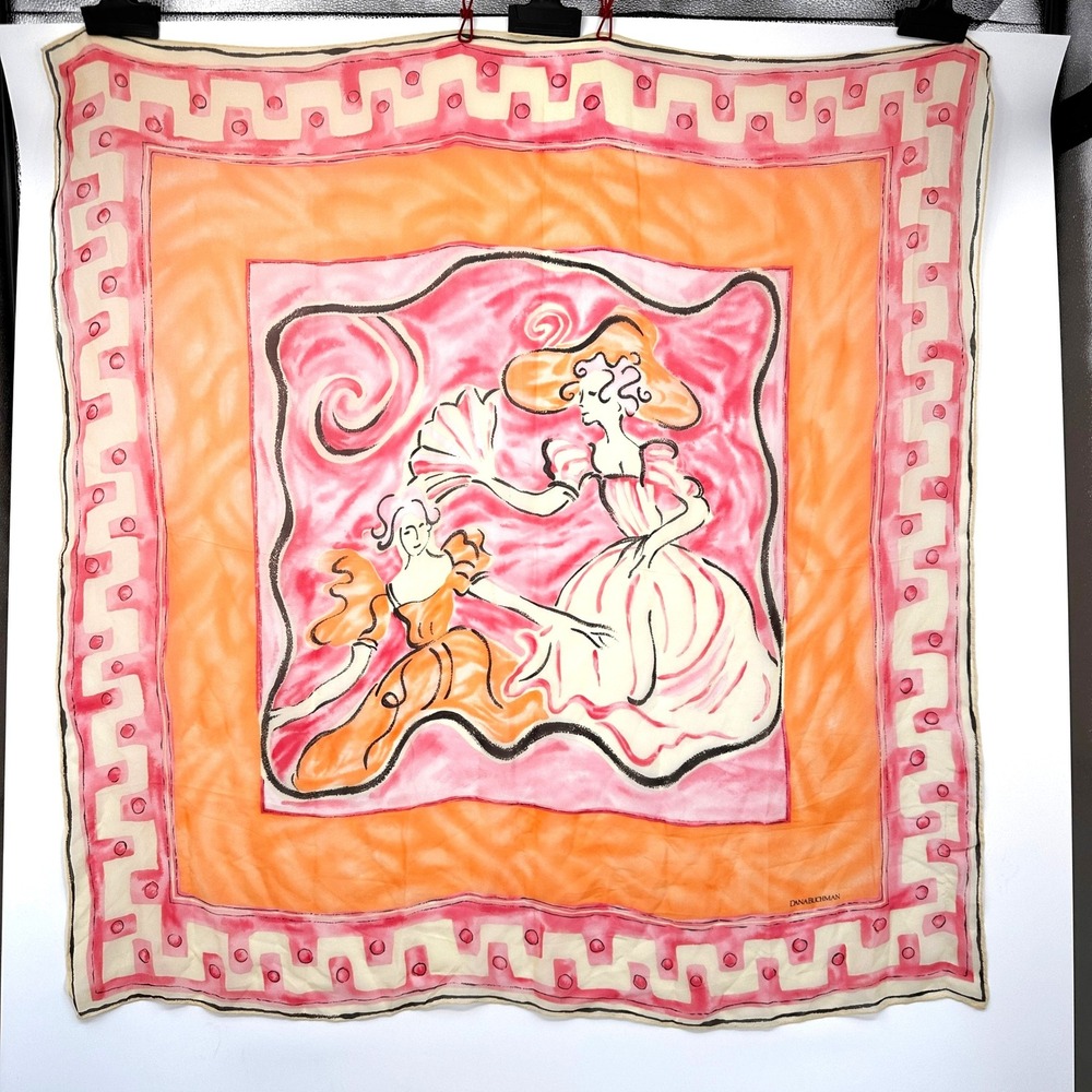 Vintage 80s Dana Buchman Large Chiffon Scarf Pink Peach Figural Whimsical Ladies